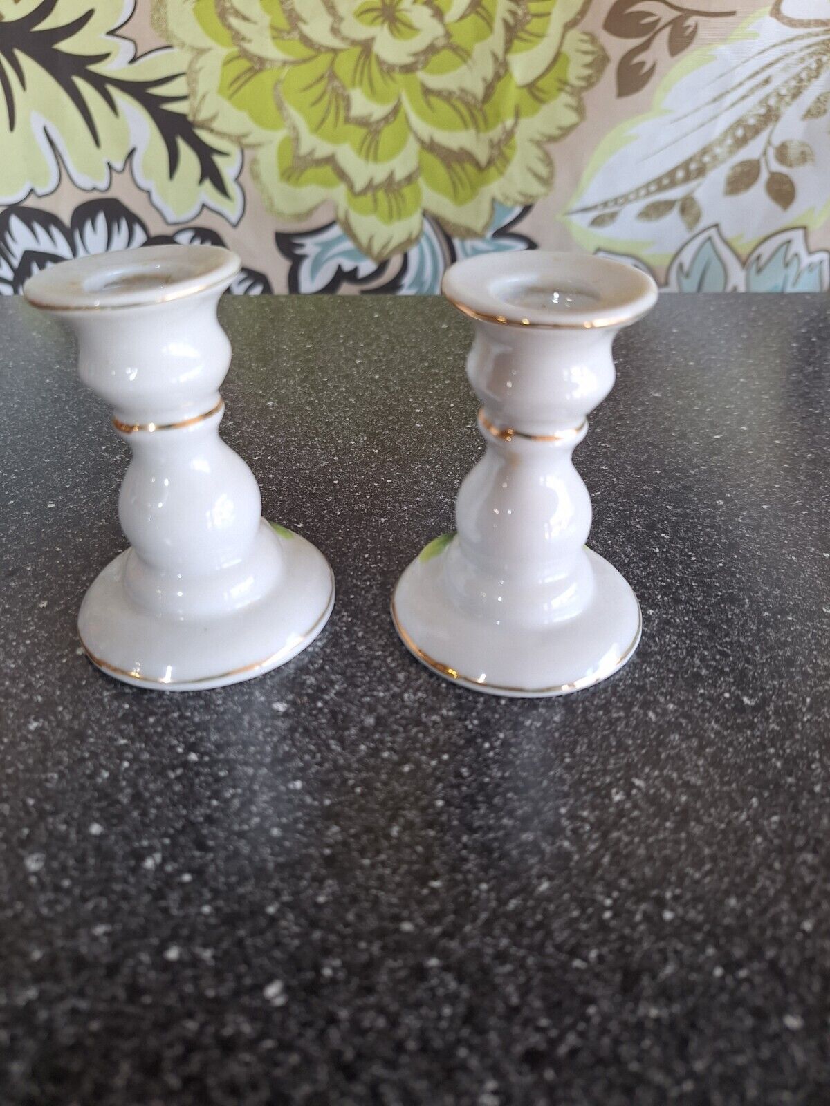 Vintage Japan, Raised Rose & Leaf Gold Trim Bone China Candlestick Holders Set 2