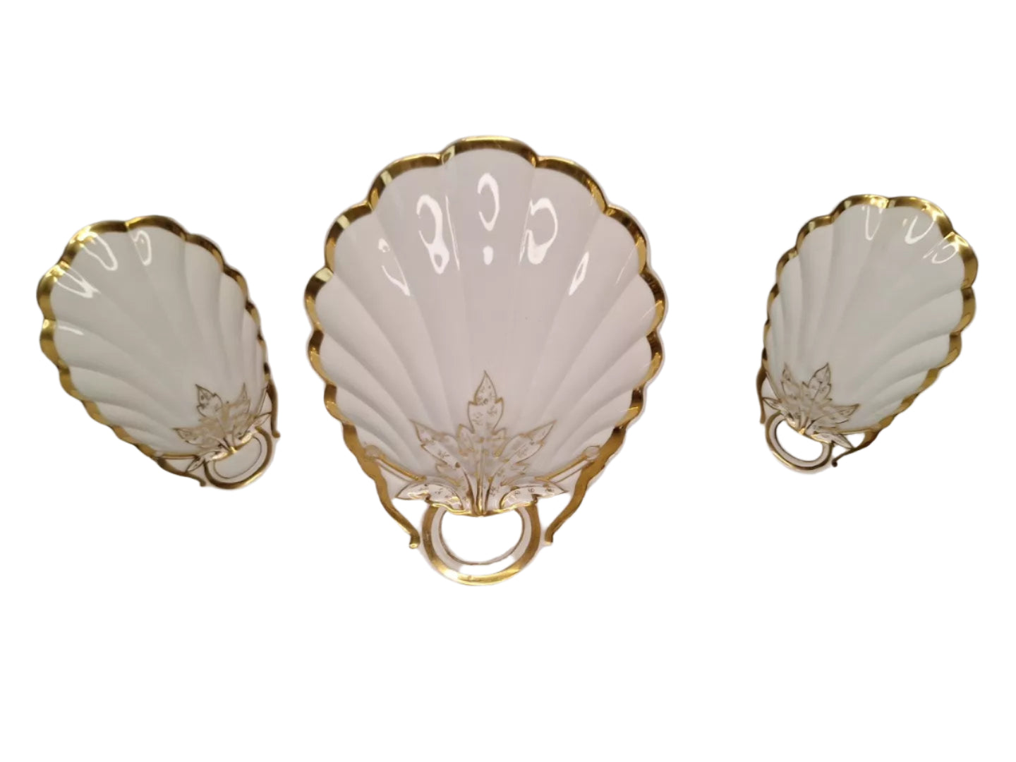 Haviland Limoges 3 Pc Seashell Gold Rim Ceramic Serving Set 19th Century Antique