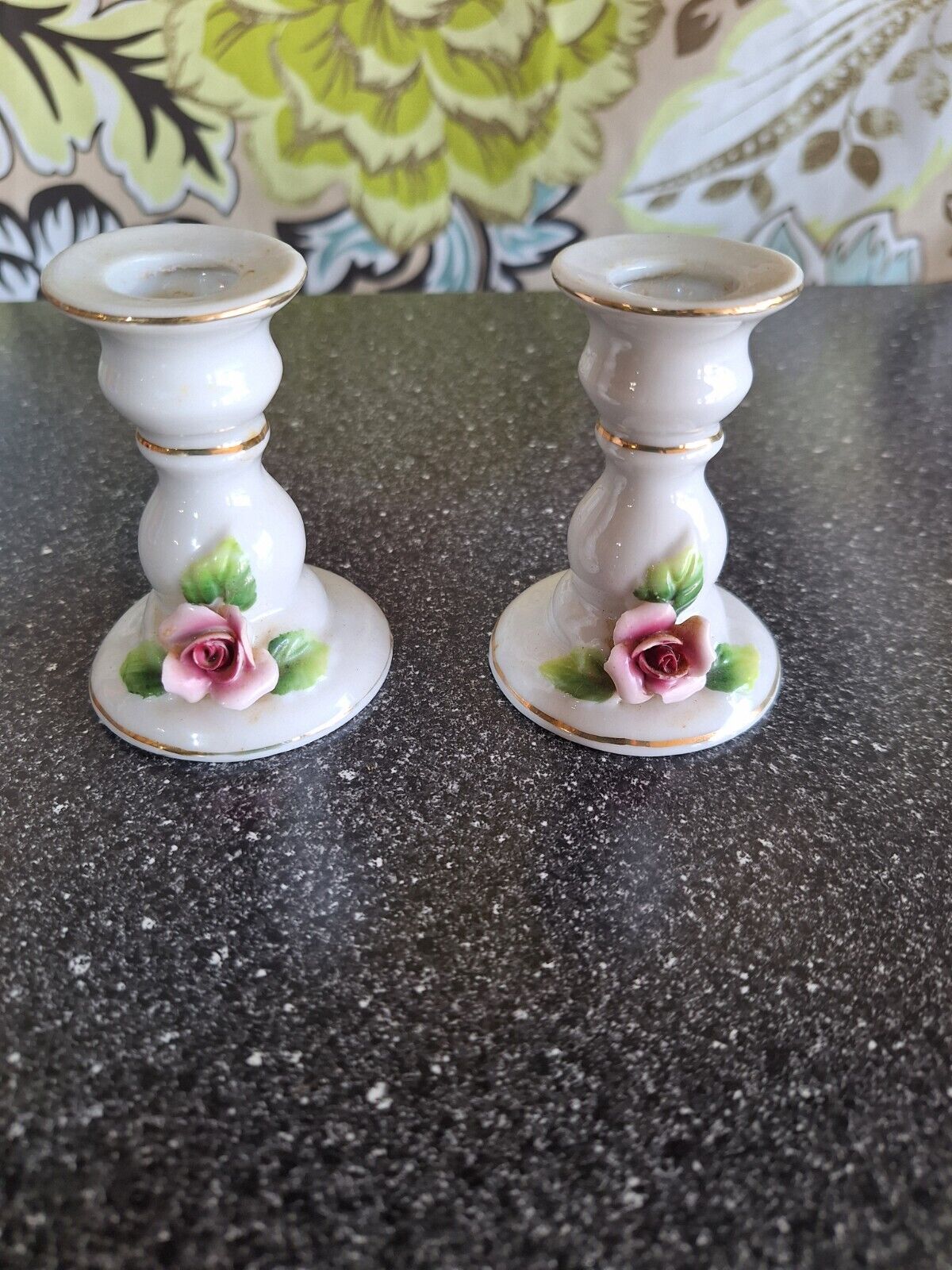 Vintage Japan, Raised Rose & Leaf Gold Trim Bone China Candlestick Holders Set 2