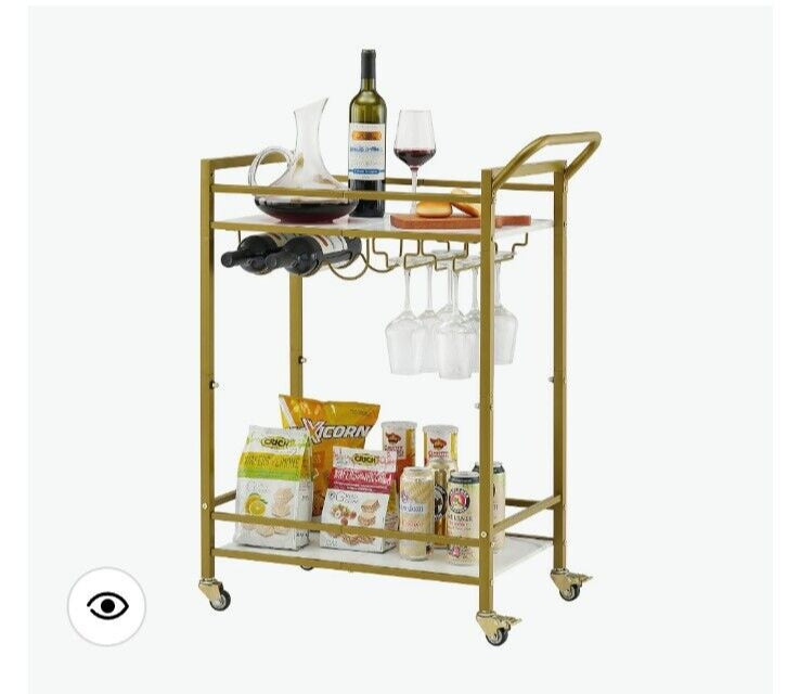 Tajsoon 2 Tier Rolling Bar Cart Gold & White