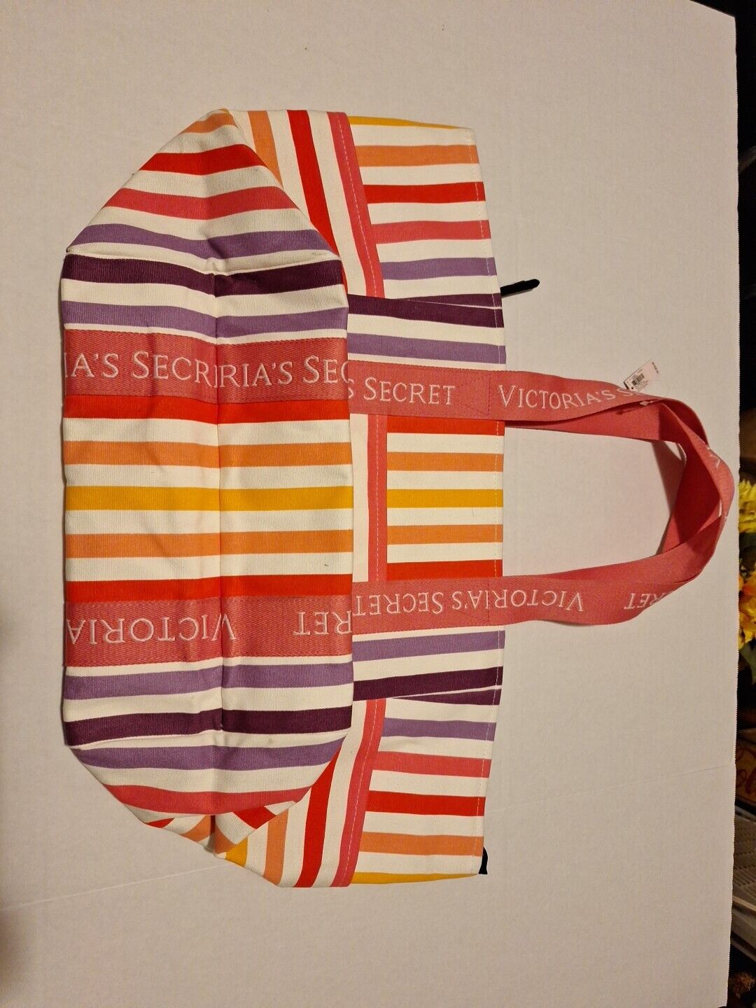 Victoria’s Secret Zip Tote Beach Bag Weekender NEW Logo Multi Stripe Gym Travel