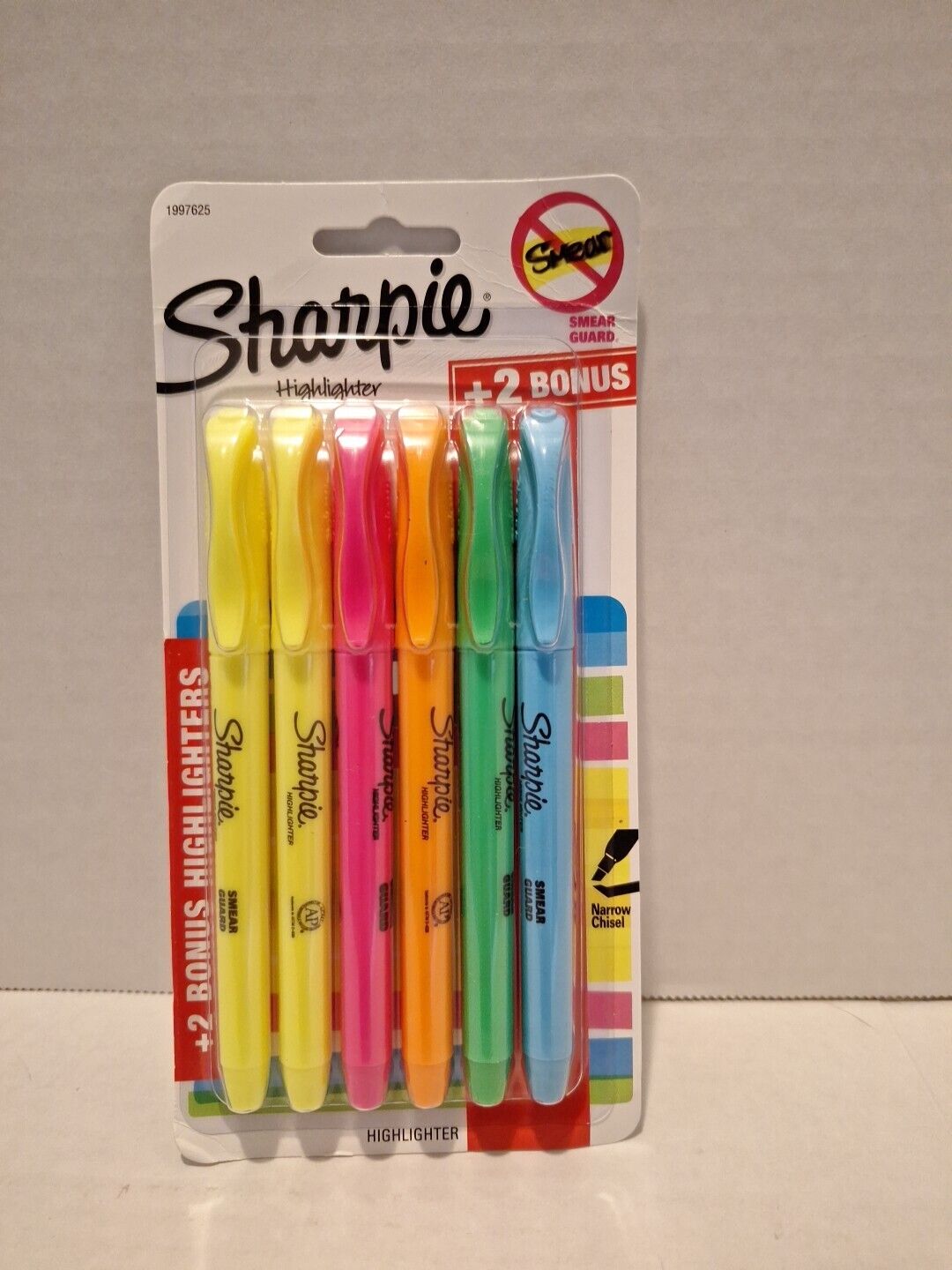 Sharpie Highlighter Pens w Pocket Clip Smear Guard Narrow Chisel Tip 5 Colors