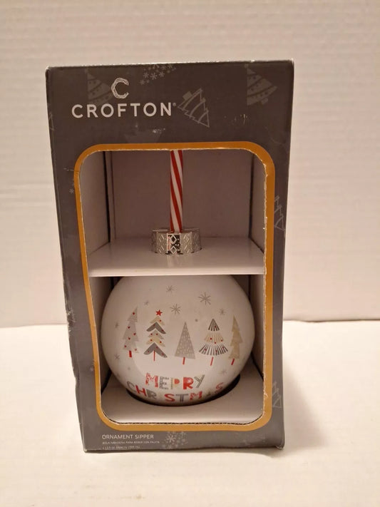 Crofton Glass Ornament Sipper ”Merry Christmas" w/Straw - New Damaged Package